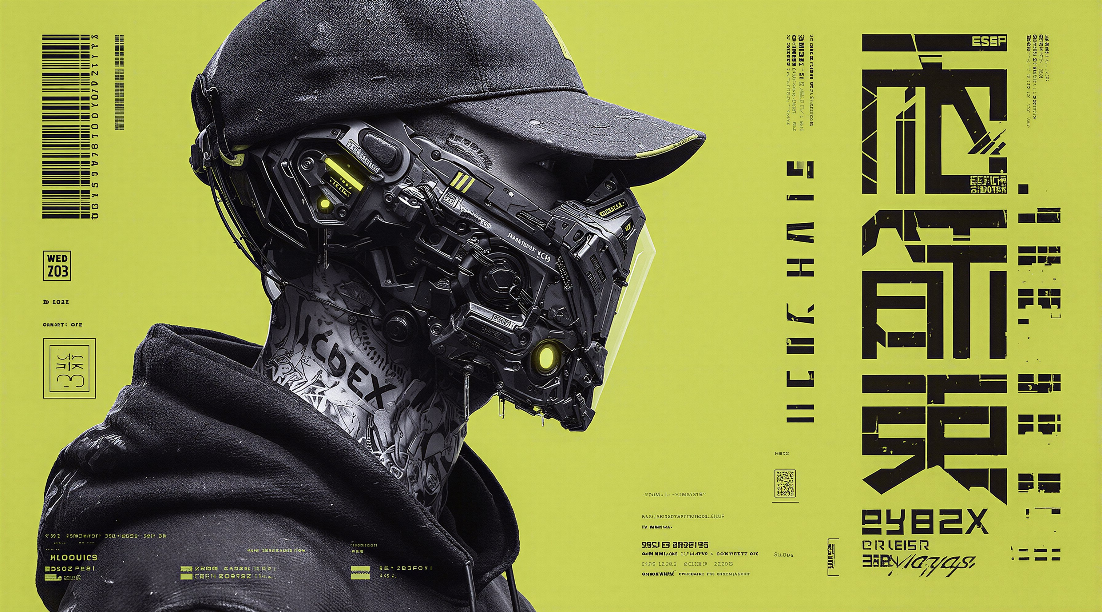 Cyberpunk Maske mit neongelbem Grafiklayout
