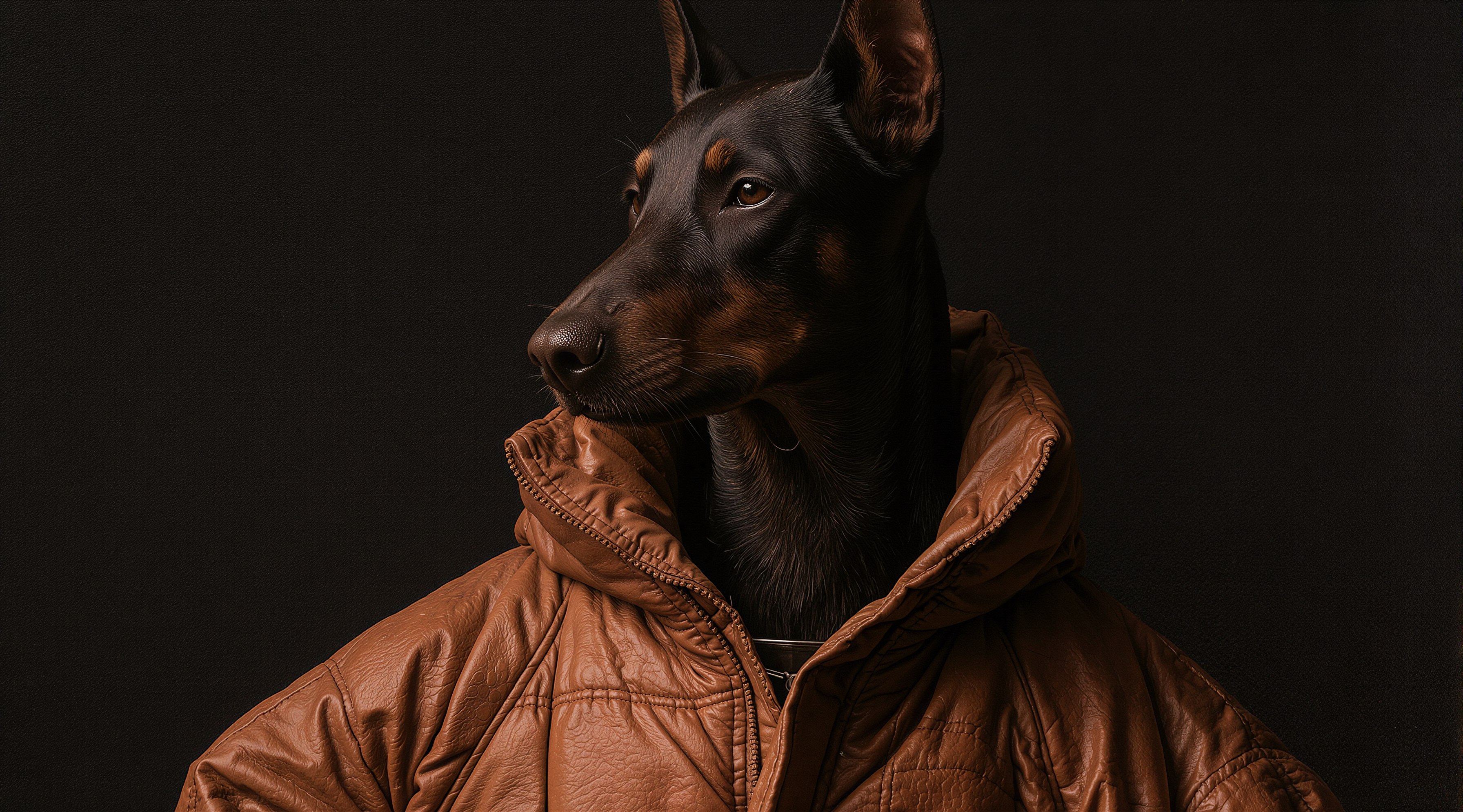 Hundeportraet mit brauner Jacke vor dunklem Hintergrund