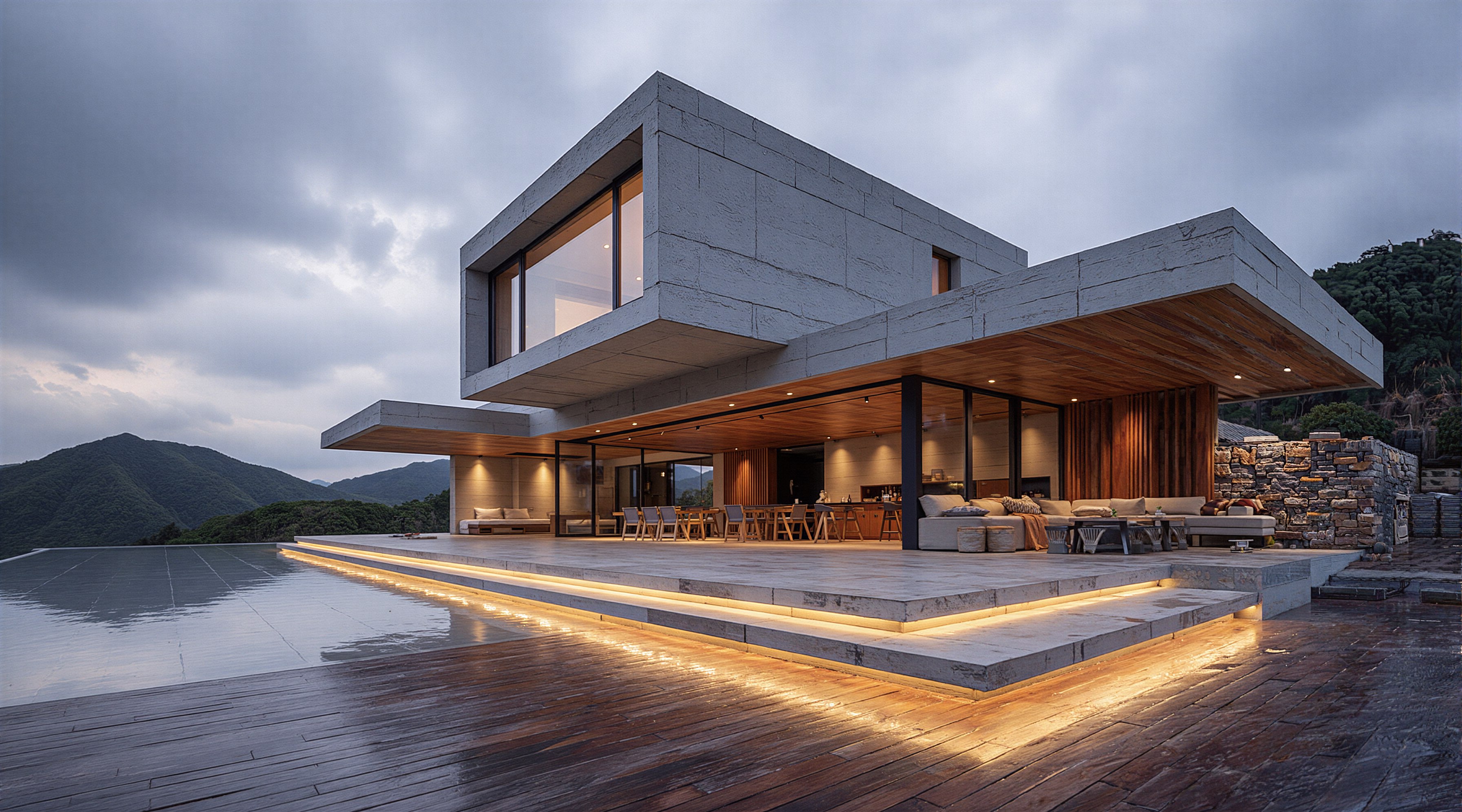 Moderne Betonvilla mit warmem Licht in bergiger Landschaft