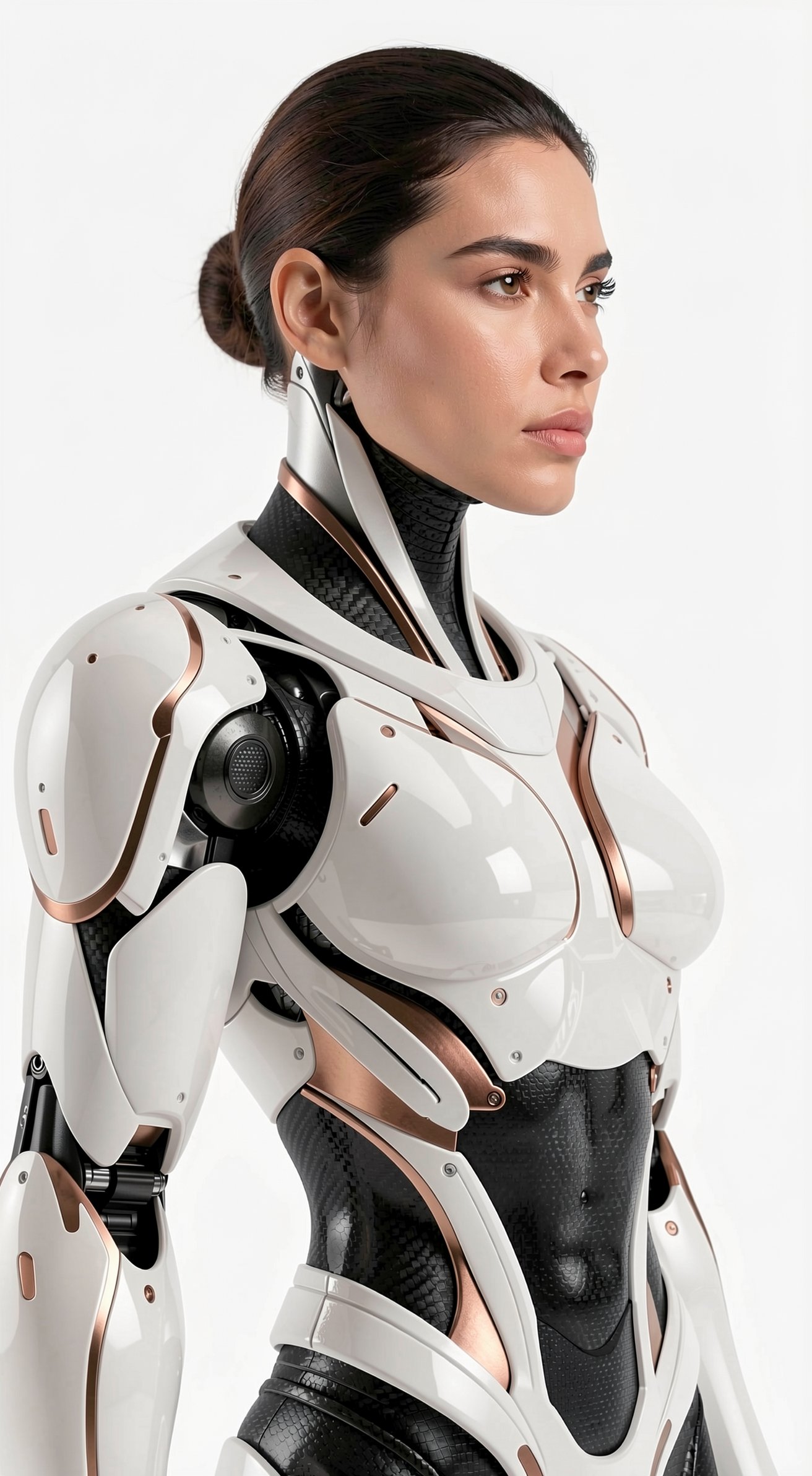 Futuristisches Portraet einer Frau in weisser Robotik-Ruestung