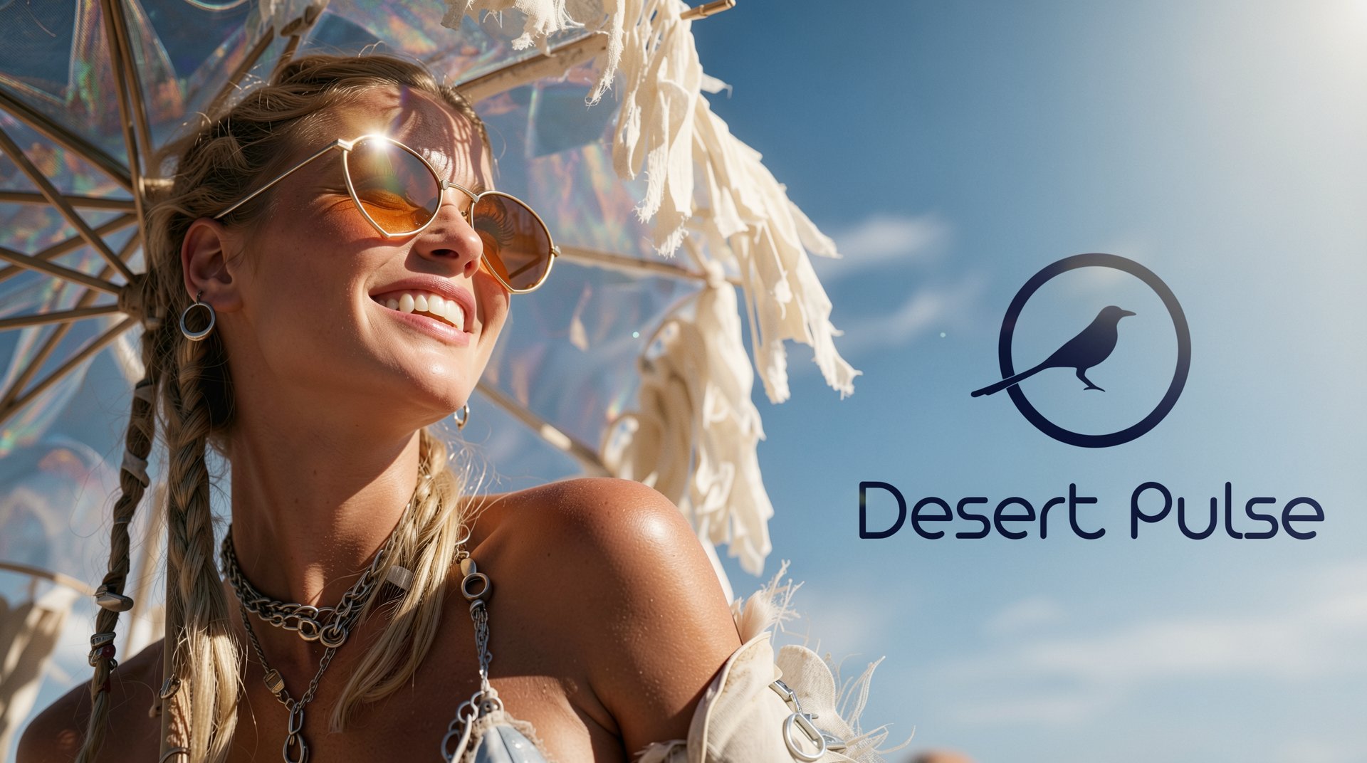 Sommerliches Motiv mit Desert Pulse Schriftzug und Vogelzeichen