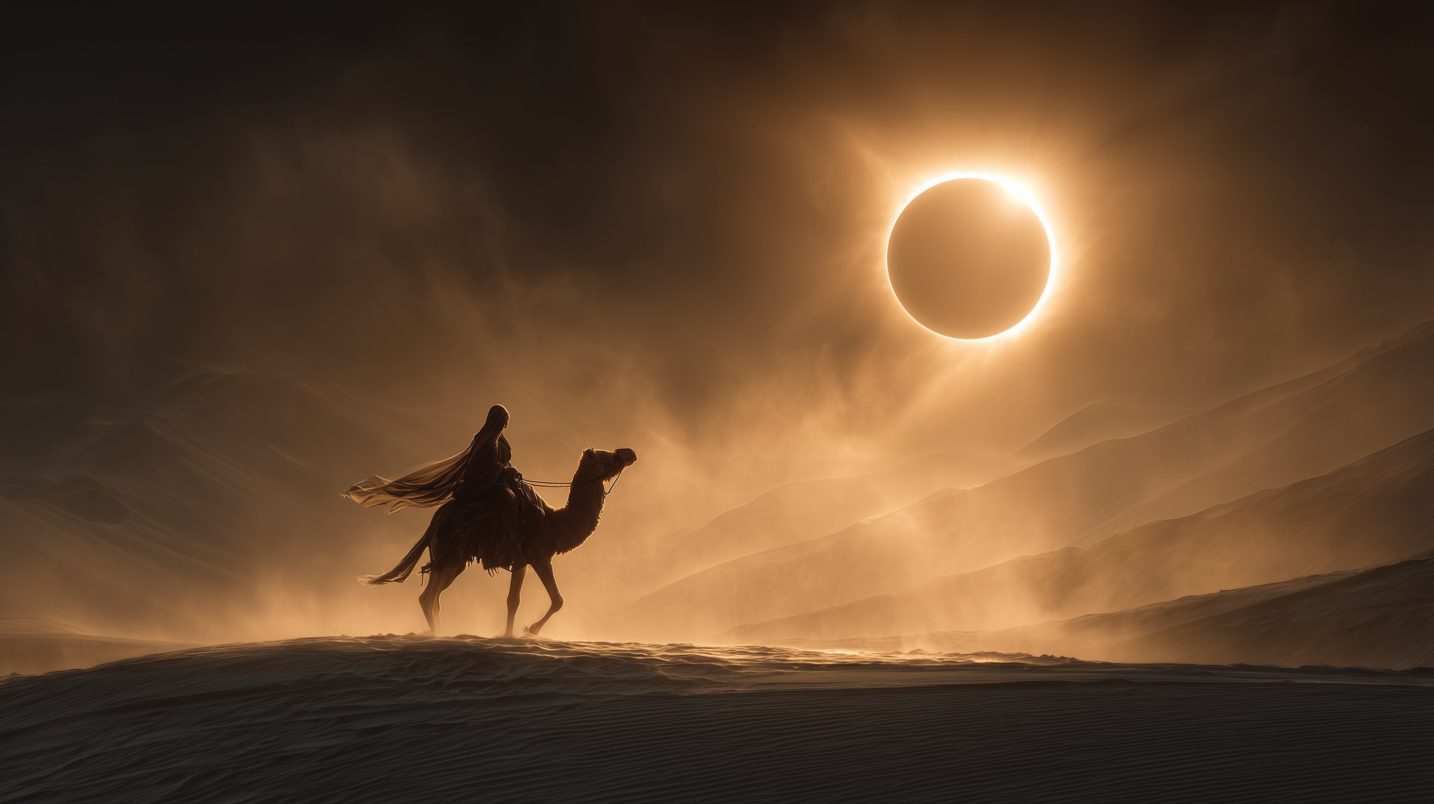 Wuestenszene waehrend einer totalen Sonnenfinsternis