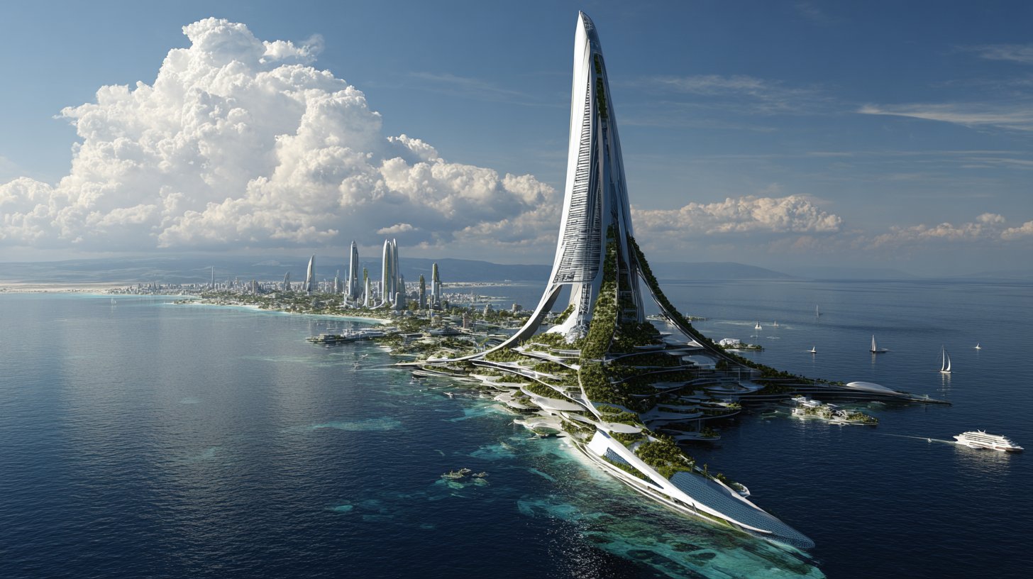 Futuristische Kuestenstadt mit hohem Turm am Meer