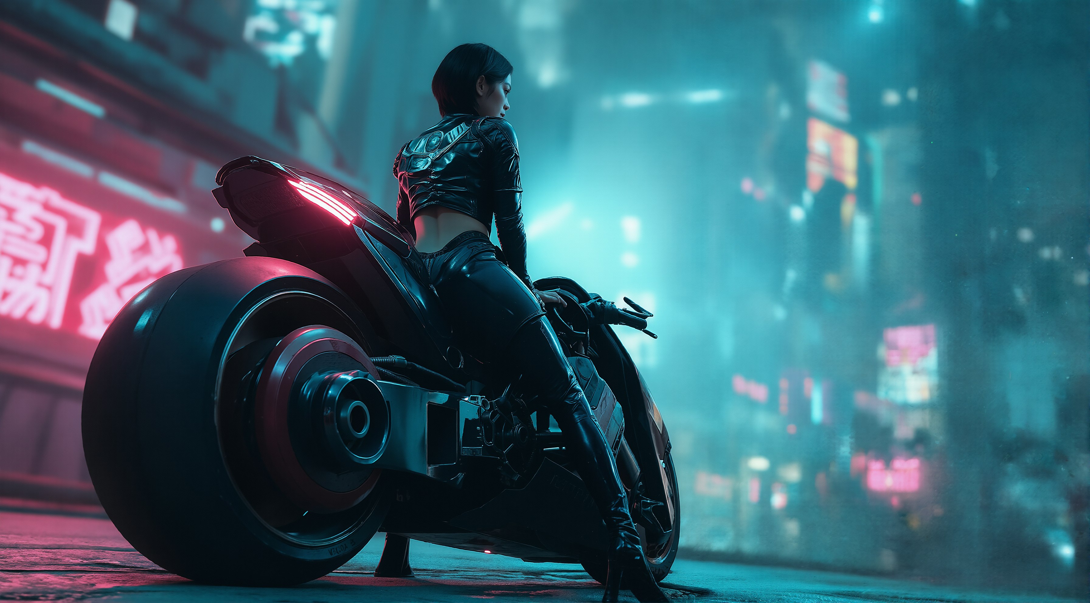 Futuristische Fahrerin auf Motorrad in neonbeleuchteter Stadt