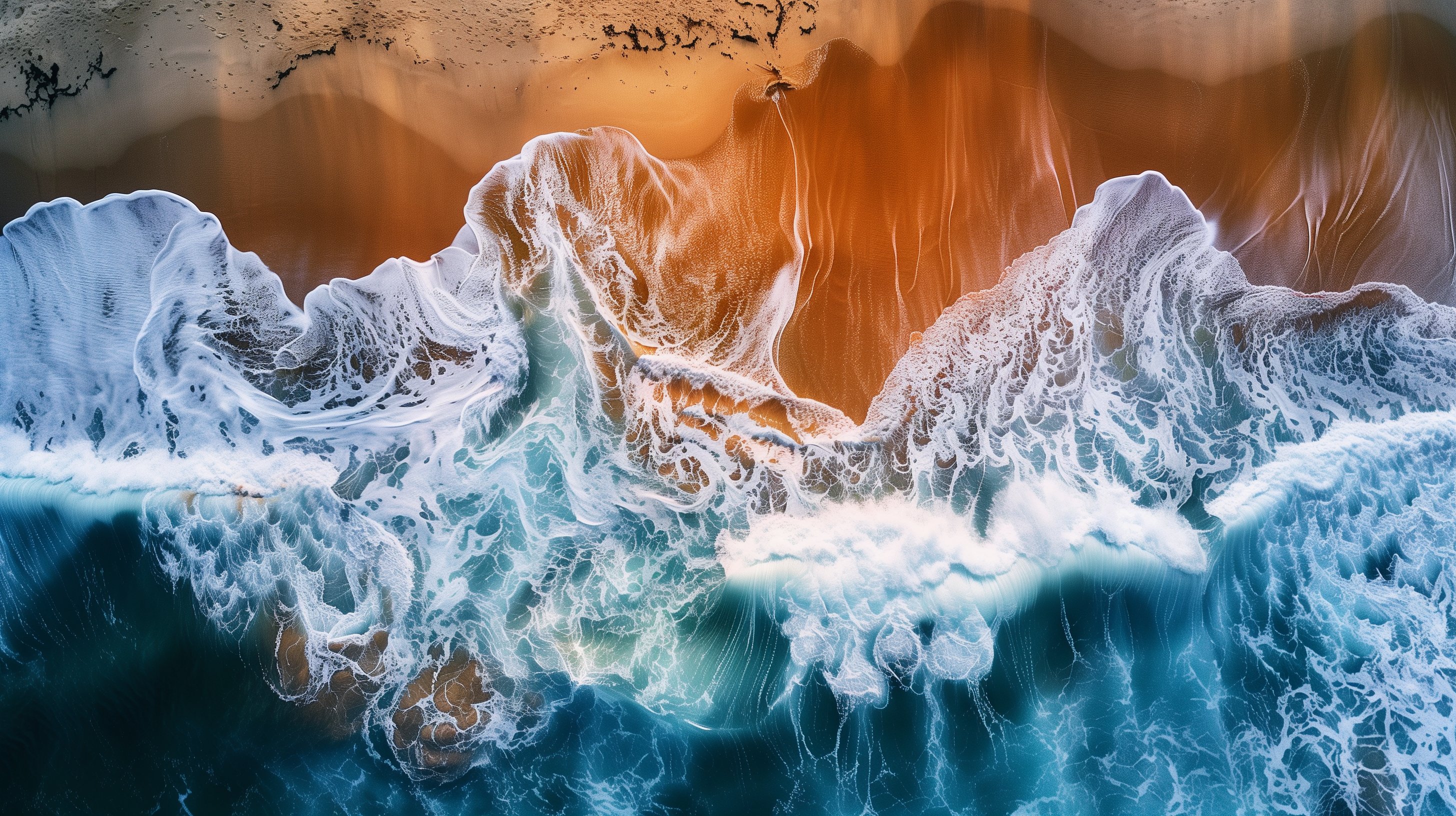 Aerial Art mit Brandung, orangefarbenem Licht und Wasserstrukturen