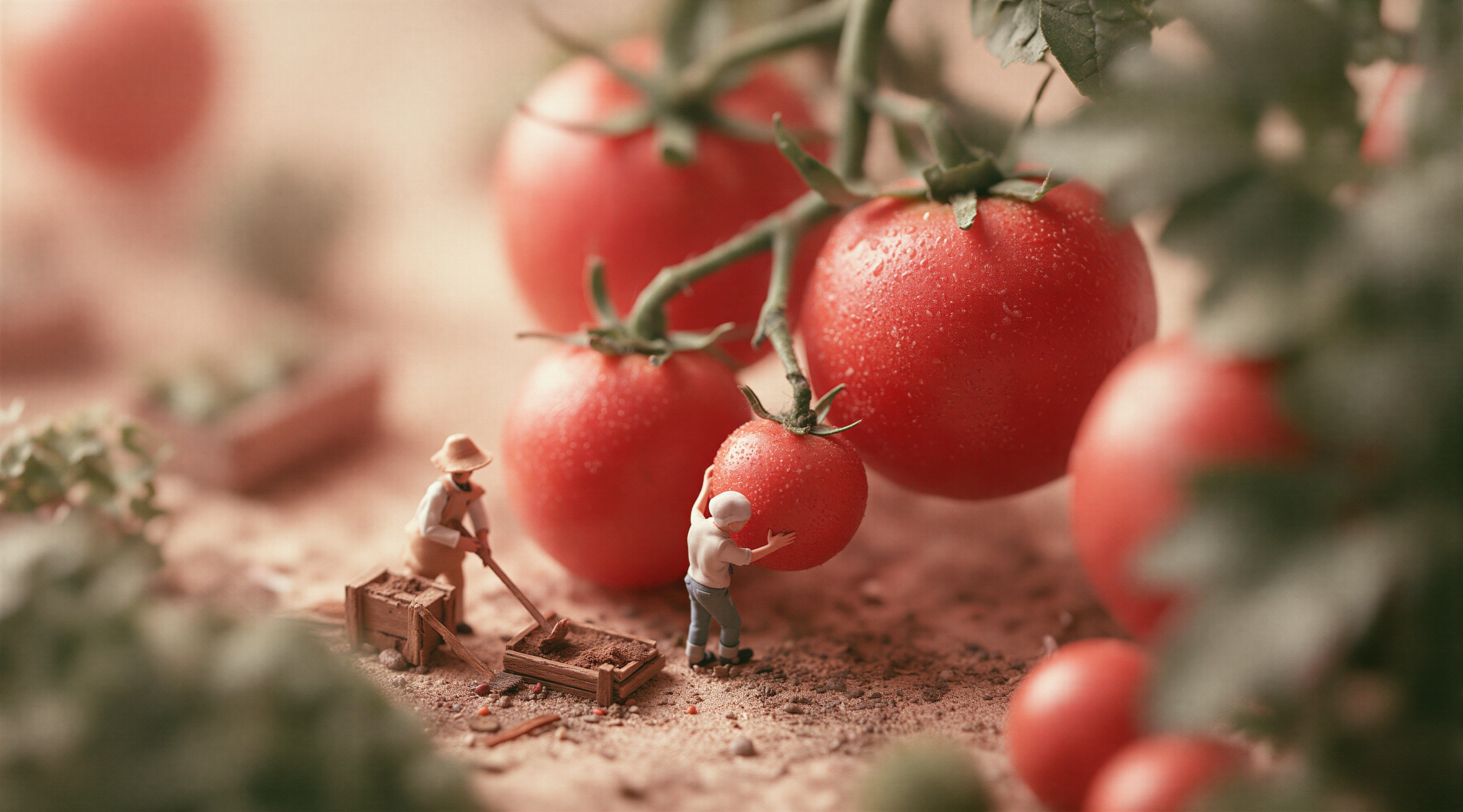 Miniaturarbeiter ernten riesige Tomaten in einer surrealen Szene
