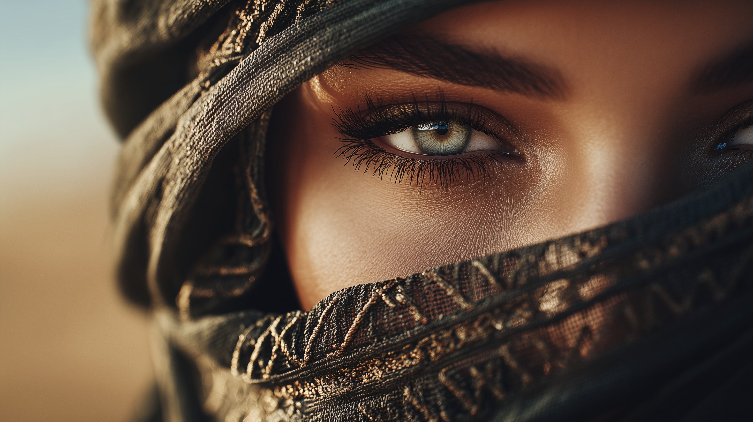 Extremer Close-up eines Auges hinter dunklem Stoff